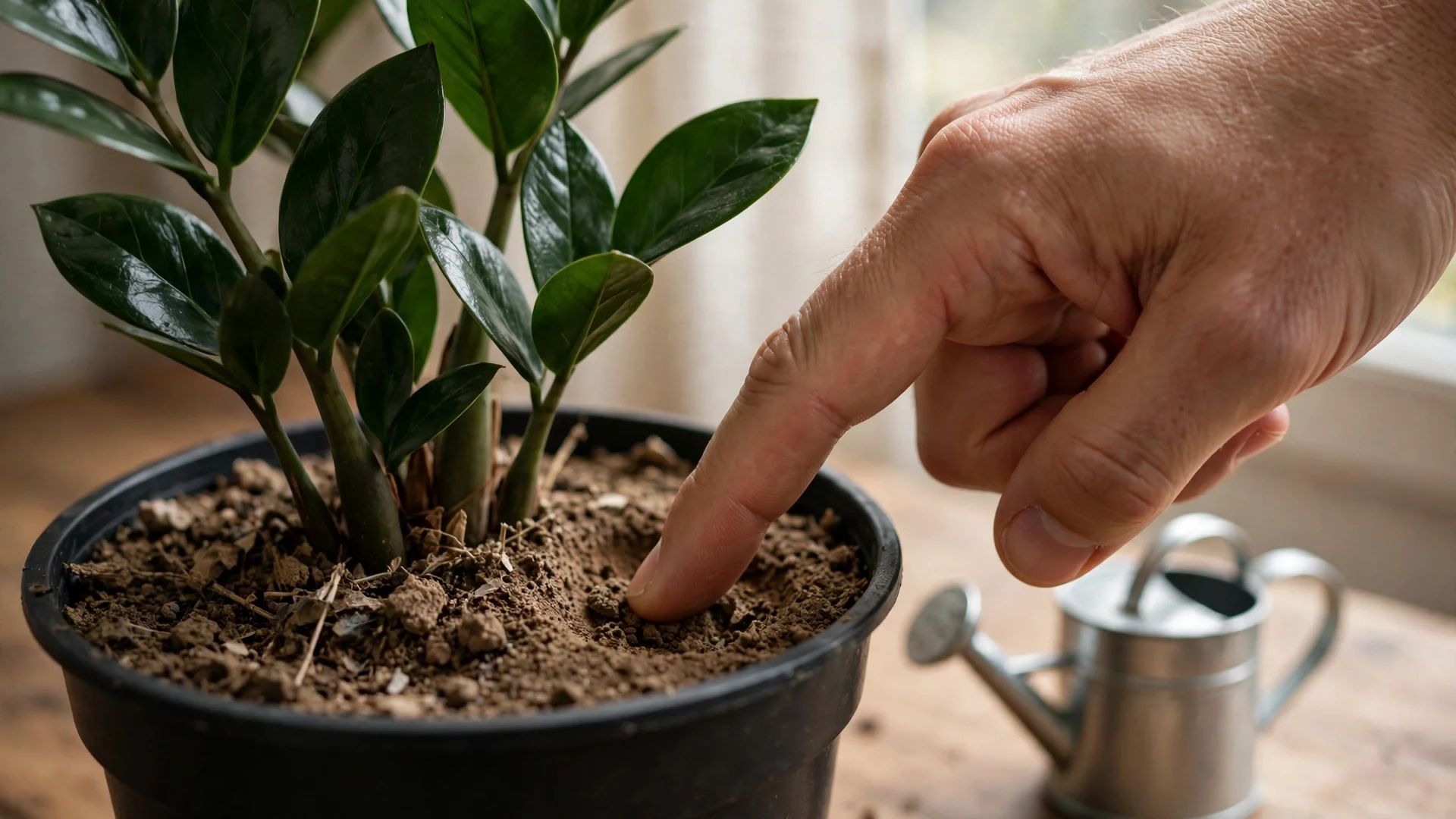 Checking soil moisture before watering a ZZ plant